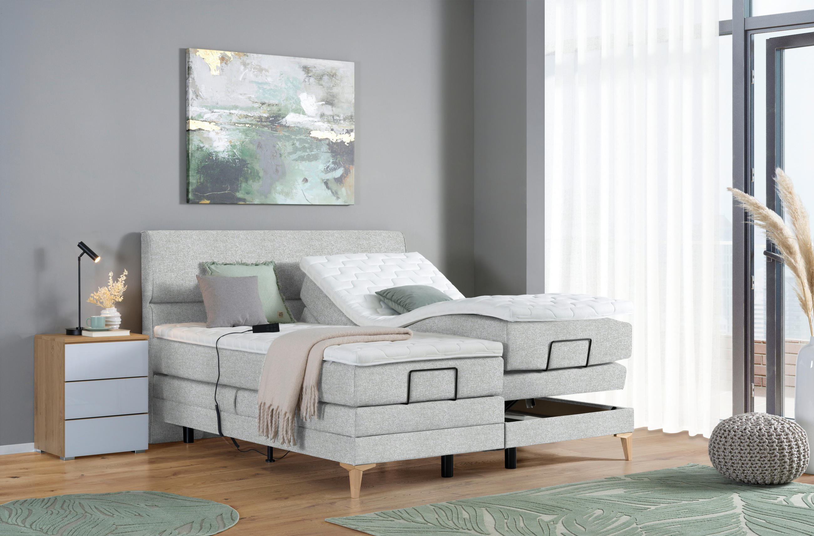 BOXSPRINGBETT 160/200 cm  in Hellgrau  - Eichefarben/Hellgrau, Konventionell, Holz/Textil (160/200cm) - Voleo