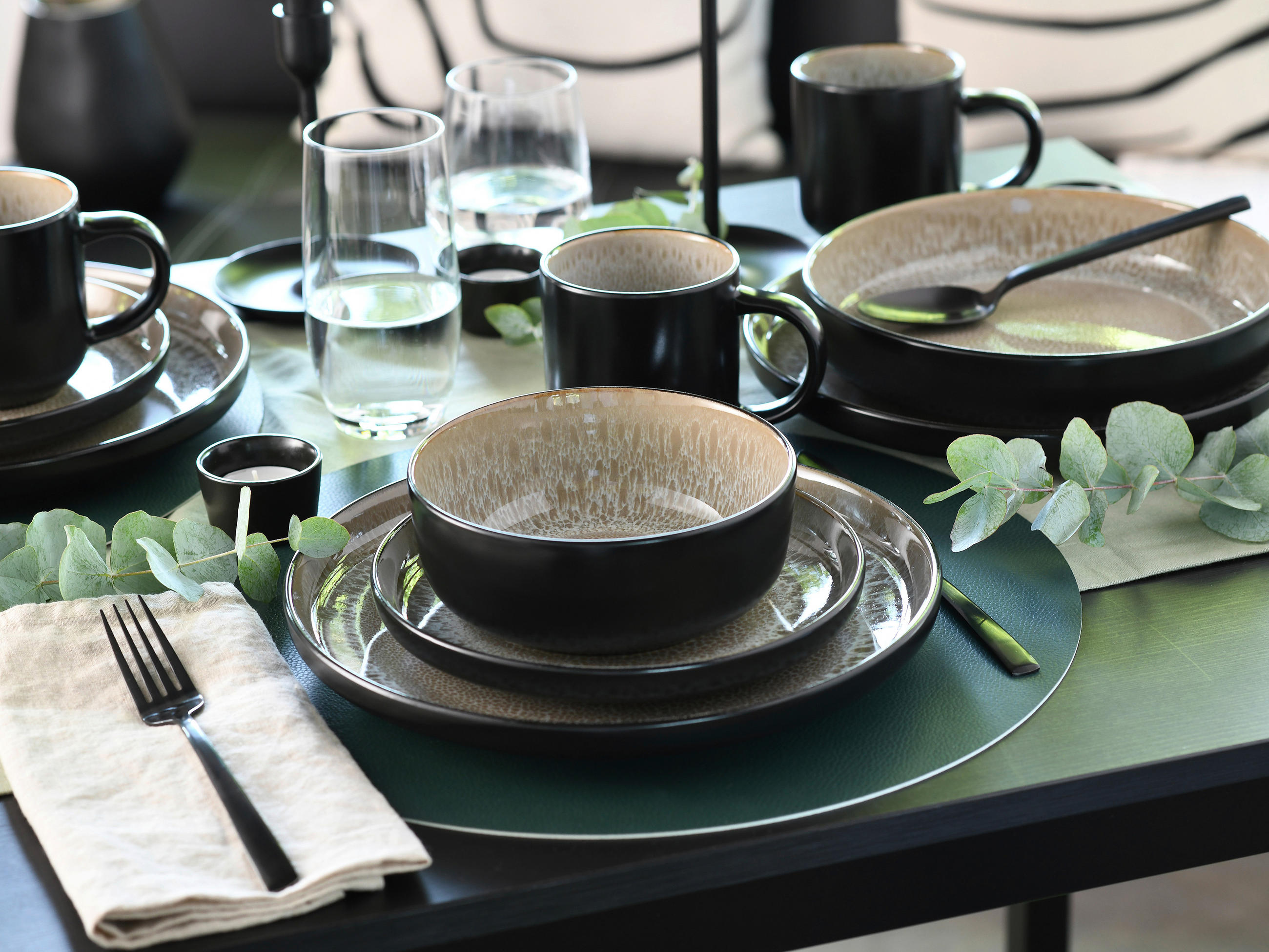 KOMBISERVICE Schwarz, Beige Nordic Fjord Beige 16-teilig 4 Personen  - Beige/Schwarz, Basics, Keramik - Creatable
