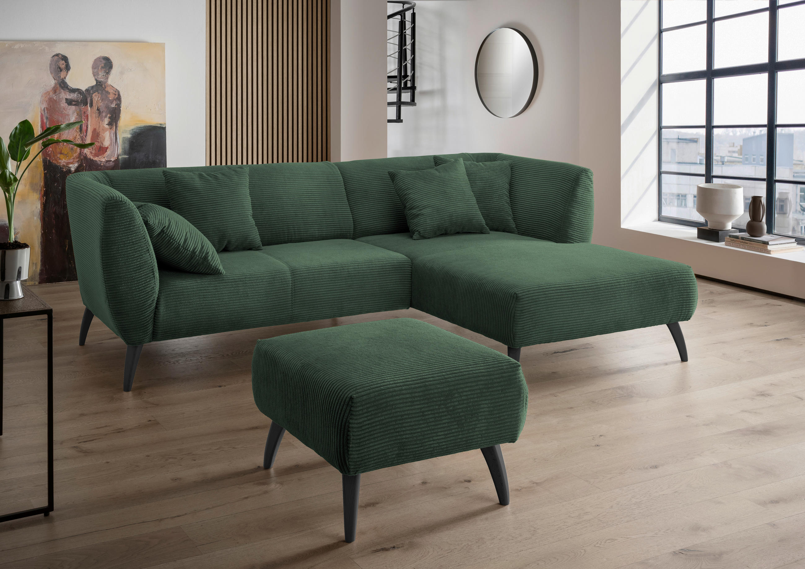 ECKSOFA Dunkelgrün Cord  - Dunkelgrün/Schwarz, MODERN, Holz/Textil (264/160cm) - MID.YOU