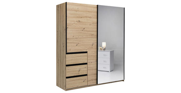 SCHWEBETÜRENSCHRANK  in Eiche Artisan  - Schwarz/Eiche Artisan, KONVENTIONELL, Glas/Holzwerkstoff (175/205/62cm) - Carryhome