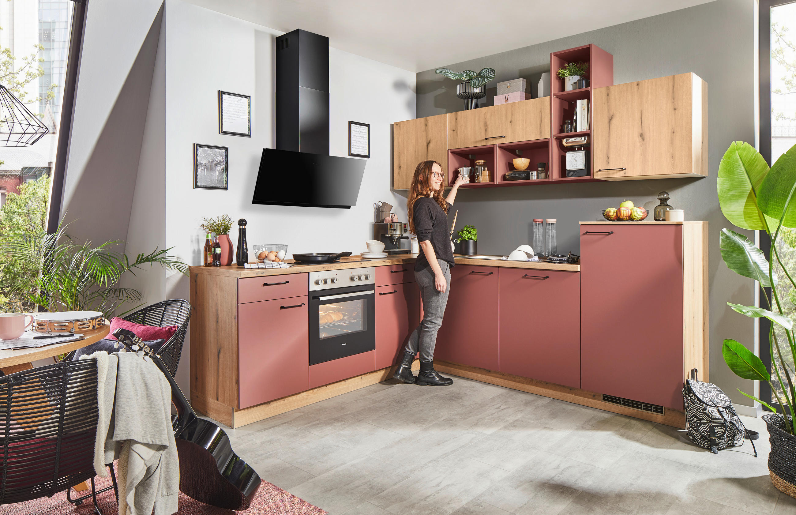 ECKKÜCHE 225/245 cm  in Rot, Eichefarben  - Eichefarben/Rot, KONVENTIONELL, Holzwerkstoff/Metall (225/245cm) - Welnova