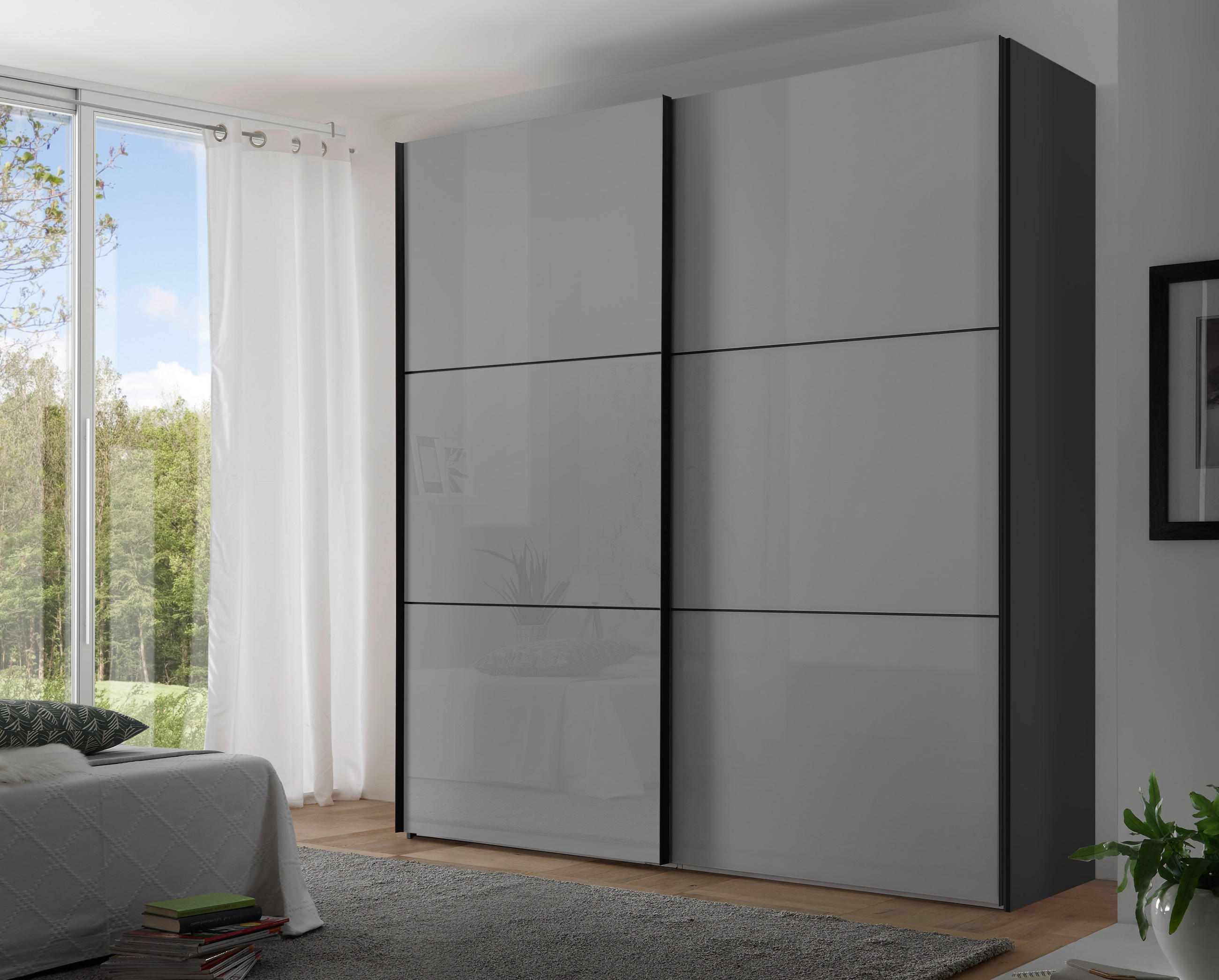 SCHWEBETÜRENSCHRANK 2-türig Hellgrau, Dunkelgrau  - Dunkelgrau/Hellgrau, KONVENTIONELL, Glas/Holzwerkstoff (188/222/68cm) - Moderano