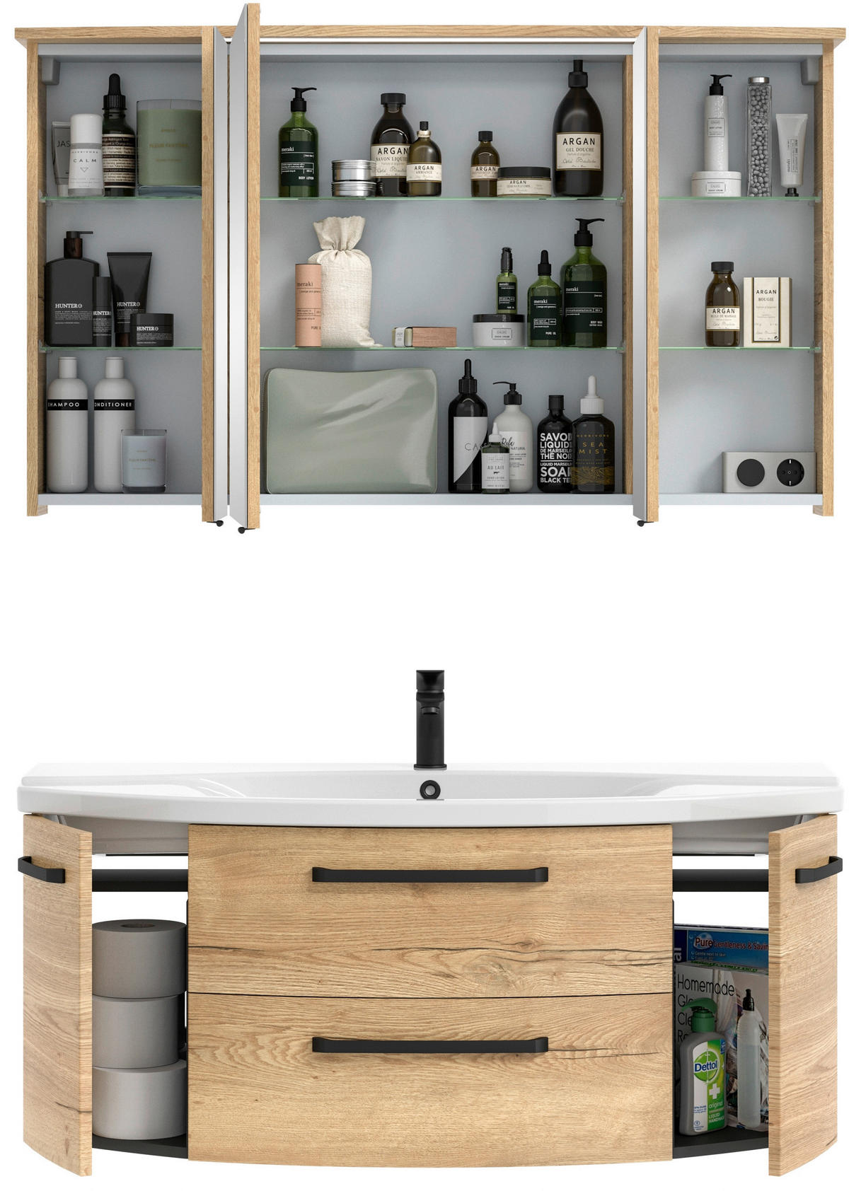BADEZIMMER 3-teilig  in 122 cm  - Eichefarben/Schwarz, MODERN, Glas/Keramik (122cm) - Sadena