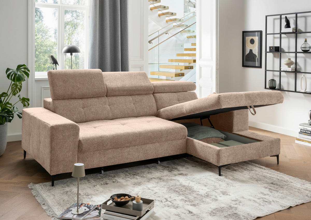ECKSOFA Chenille Hellbraun  - Hellbraun/Schwarz, Basics, Textil/Metall (270/186cm) - Livetastic
