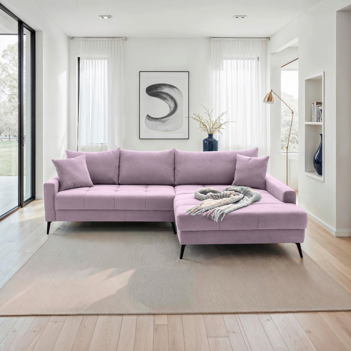 ECKSOFA Lila Cord  - Lila/Schwarz, KONVENTIONELL, Textil/Metall (280/173cm) - Hom`in