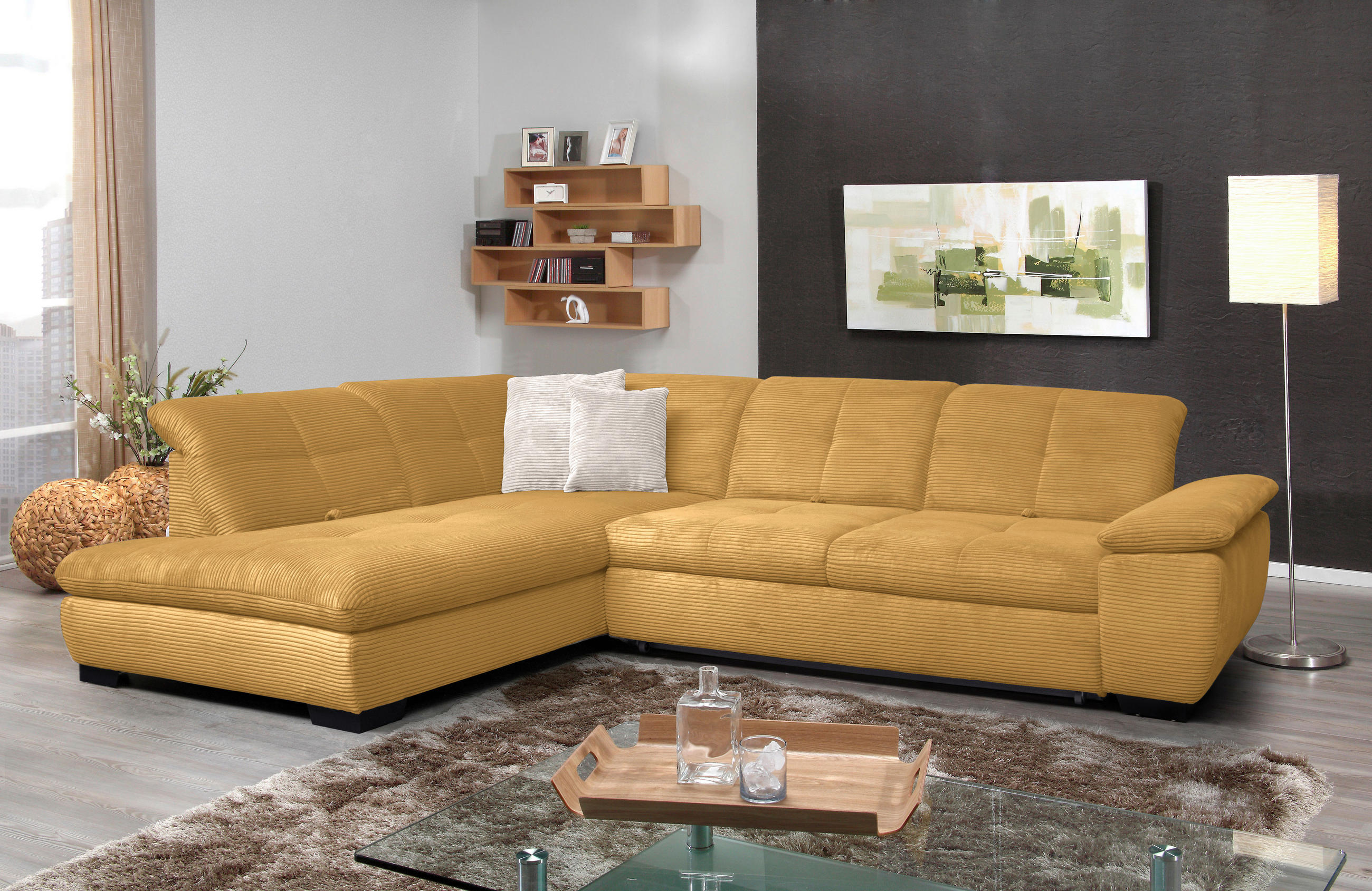 ECKSOFA in Cord Currygelb  - Currygelb/Schwarz, Design, Textil/Metall (242/313cm) - Xora