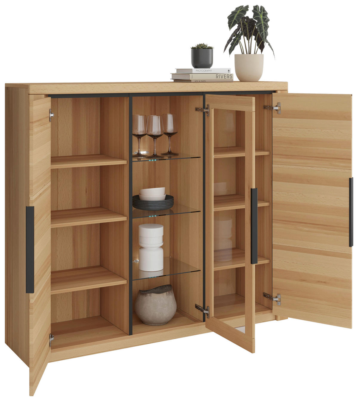 HIGHBOARD Brunei  in 160/141/40 cm  - Buchefarben/Schwarz, Design, Glas/Holz (160/141/40cm) - Livetastic
