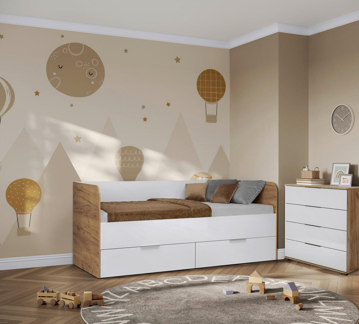 STAURAUMBETT 90/200 cm  in Eiche Wotan  - Weiß Hochglanz/Eiche Wotan, MODERN, Holzwerkstoff (90/200cm) - MID.YOU