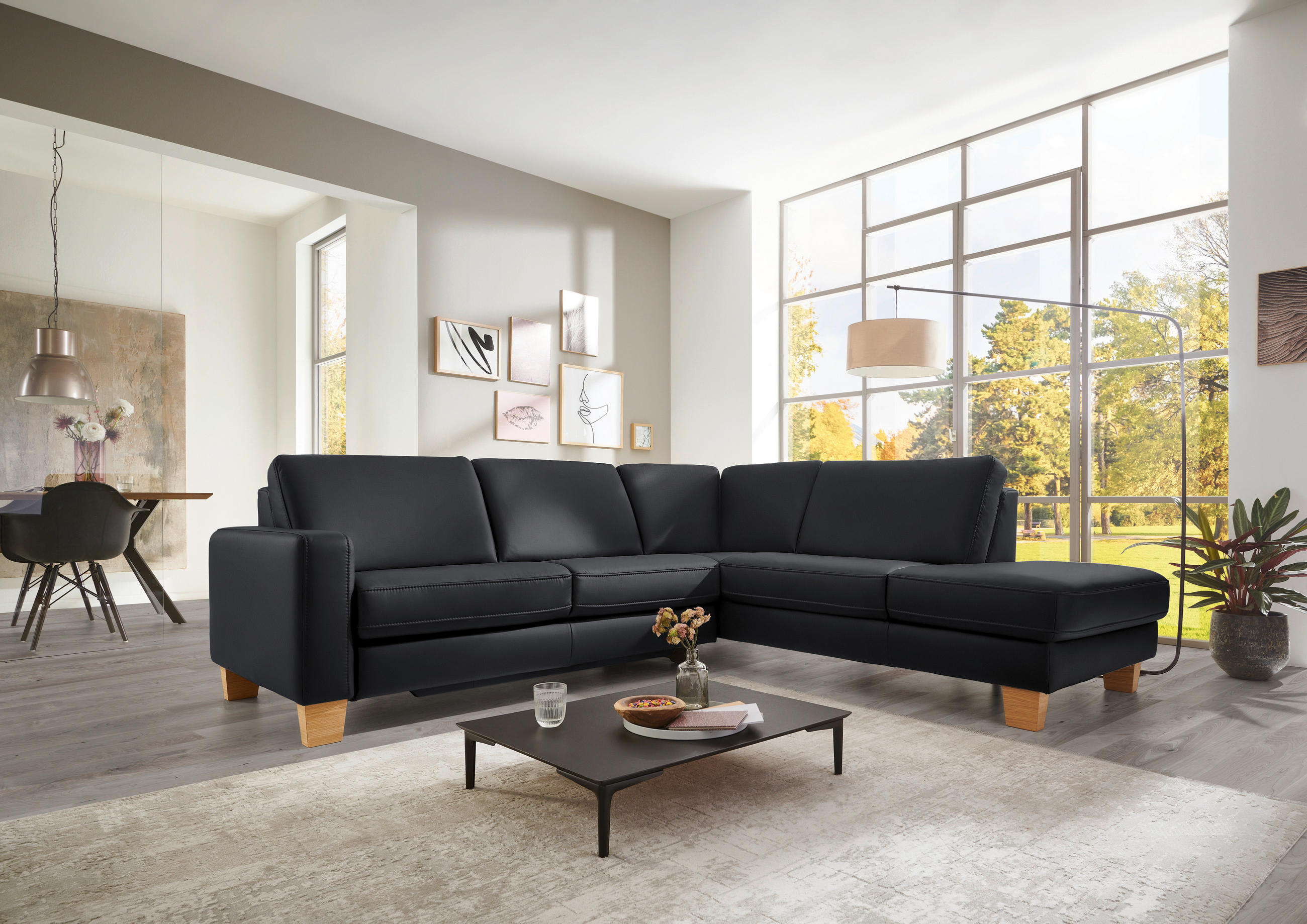 ECKSOFA in Echtleder Anthrazit  - Eiche Bianco/Anthrazit, Natur, Leder/Holz (257/235cm) - Valdera