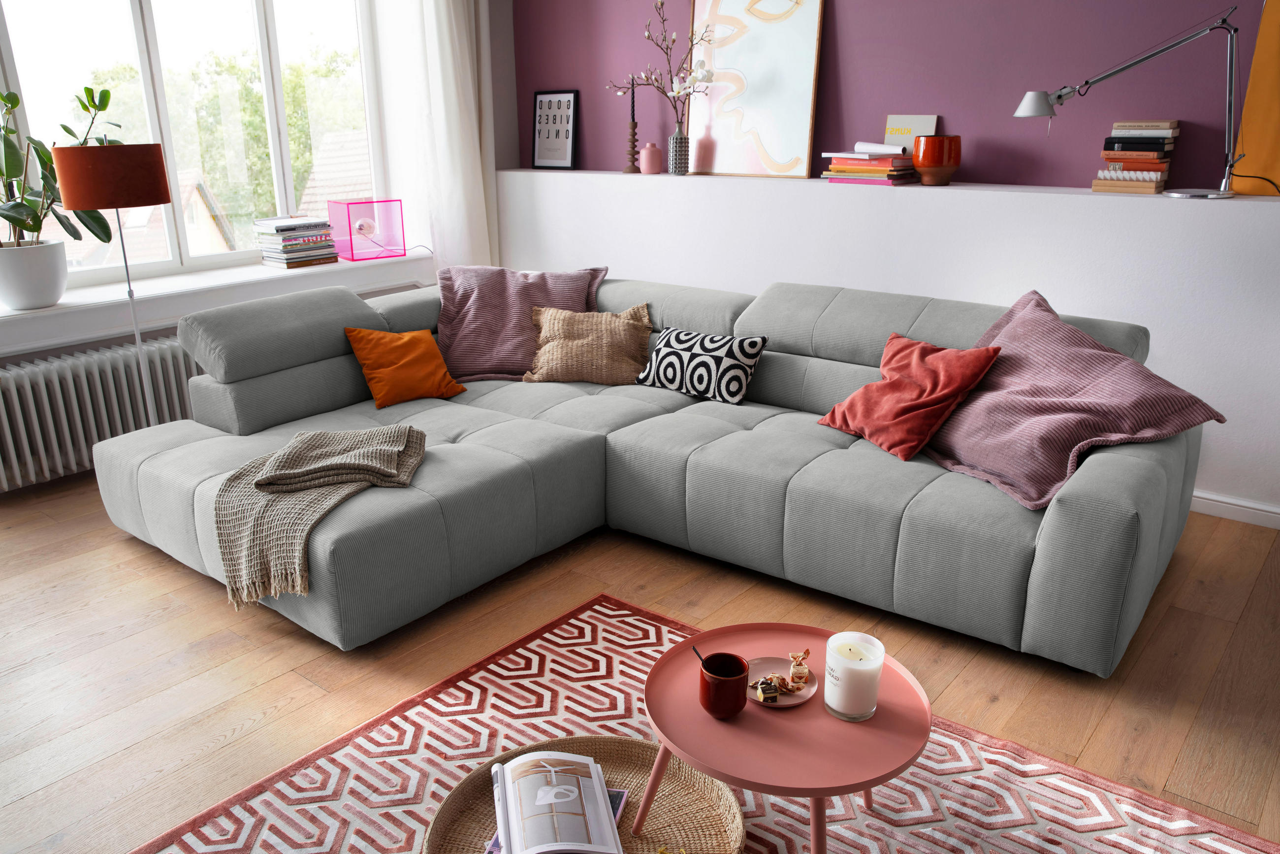 ECKSOFA Grau Feincord  - Schwarz/Grau, KONVENTIONELL, Kunststoff/Textil (219/311cm) - Hom`in