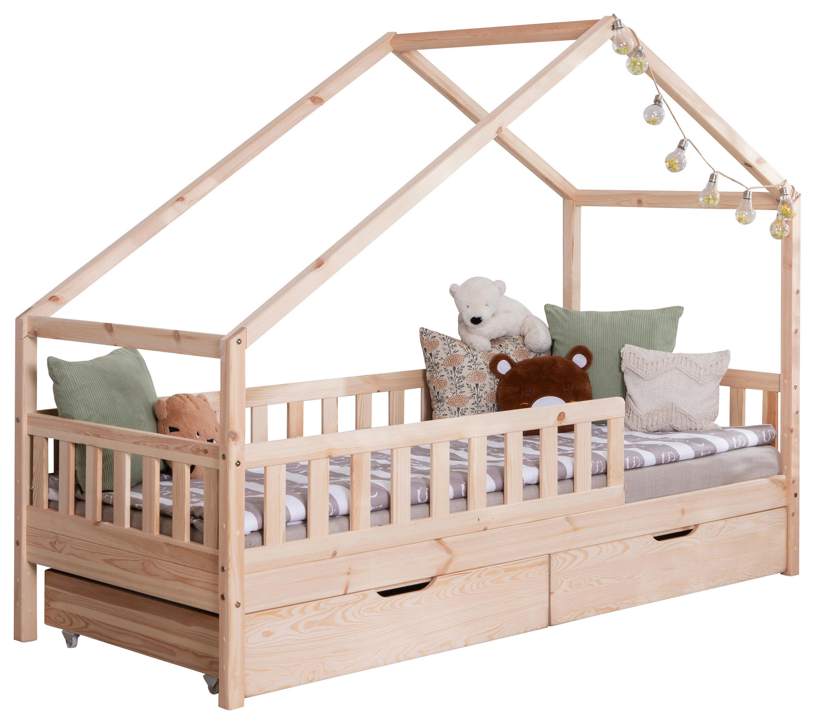 HAUSBETT Absturzsicherung, Matratze, Rollrost, Bettschublade 90/200 cm  - Weiß/Naturfarben, MODERN, Holz/Textil (90/200cm) - MID.YOU