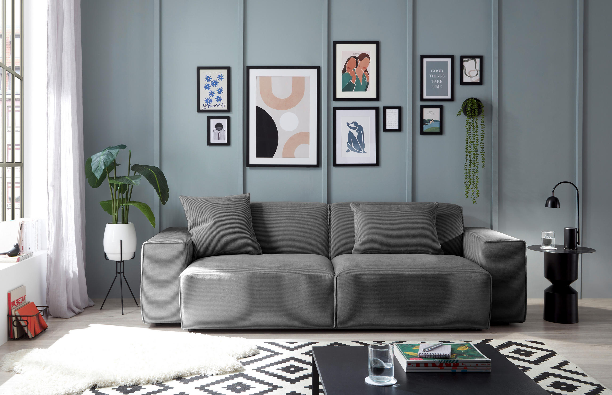 3-SITZER-SOFA Cord Anthrazit  - Anthrazit/Schwarz, Design, Kunststoff/Textil (236/71/101cm) - Pure Home Lifestyle