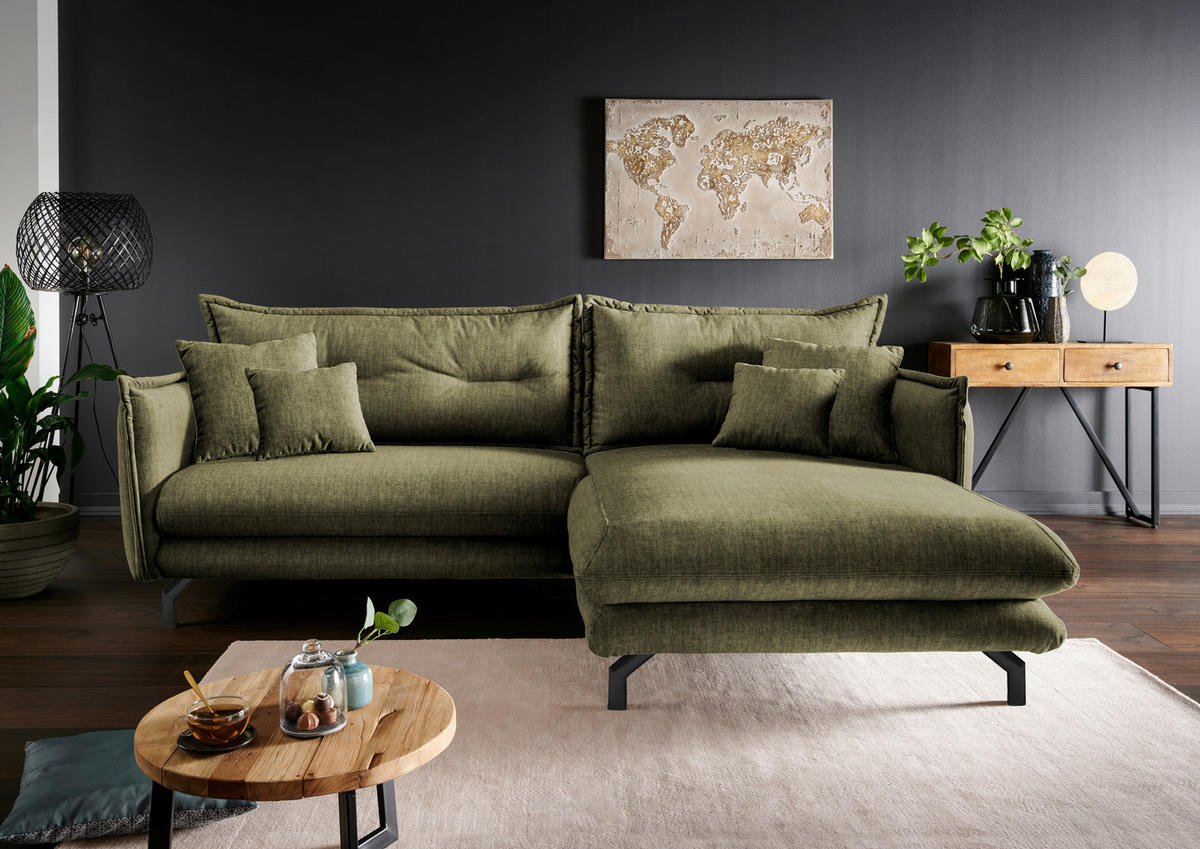 ECKSOFA in Velours Grün  - Türkis/Schwarz, Modern, Textil/Metall (255/180cm) - Livetastic