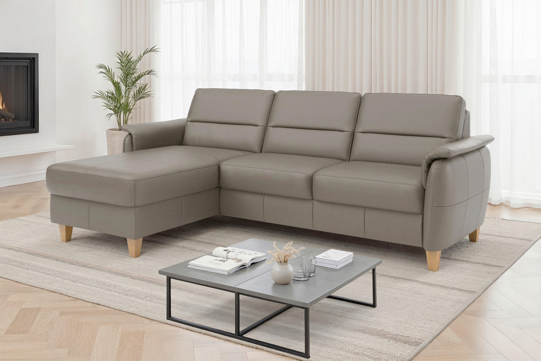 ROHOVÁ SEDAČKA, koža, sivá - sivá/farba duba, Basics, koža/drevo (163/244cm) - Sit & More