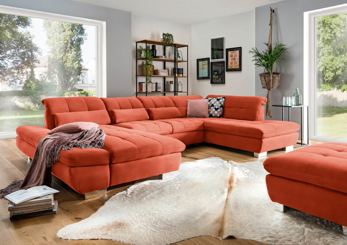 WOHNLANDSCHAFT in Mikrofaser Orange  - Chromfarben/Orange, Design, Kunststoff/Textil (204/350/211cm) - Xora
