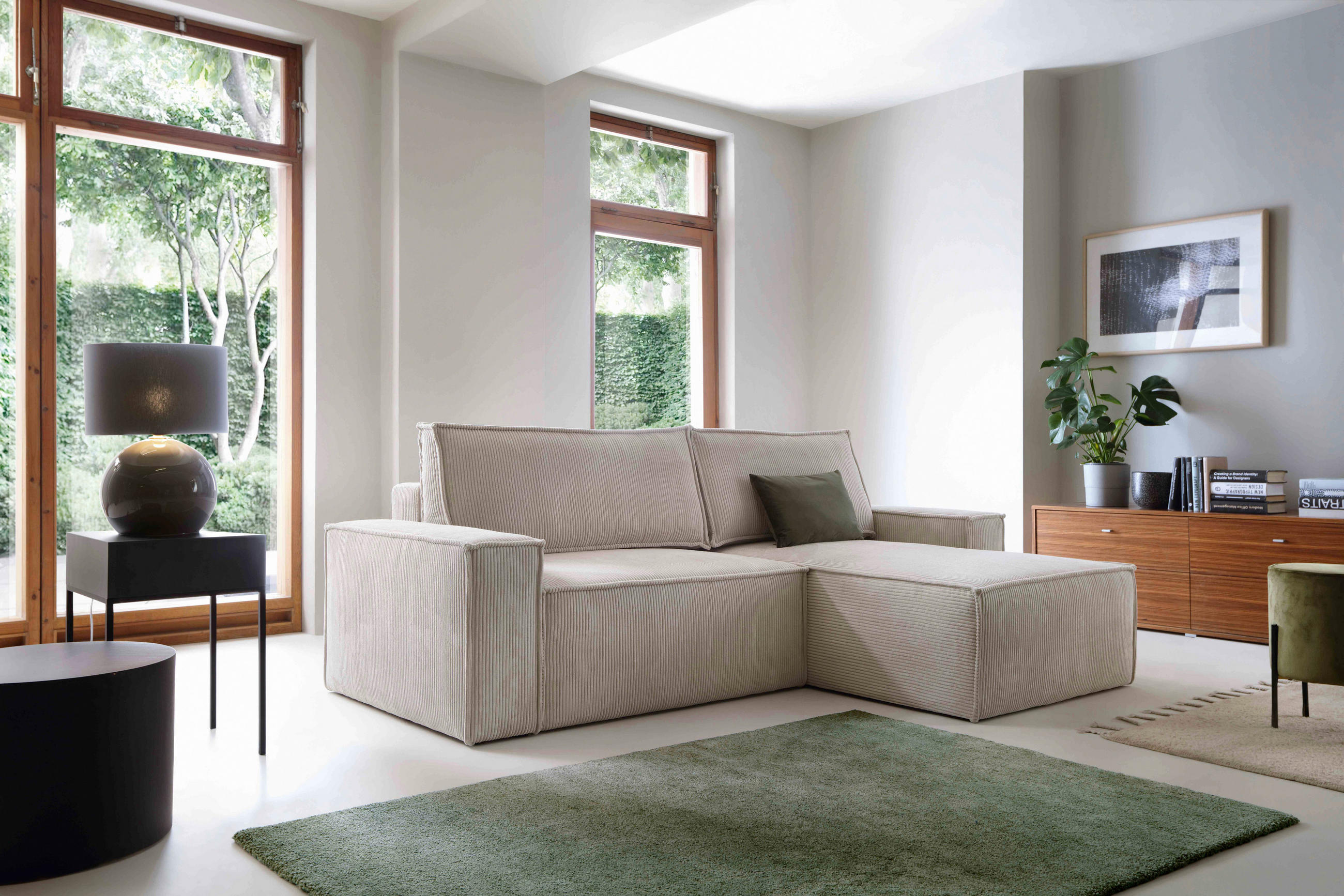 ECKSCHLAFSOFA Samt Beige  - Beige/Schwarz, KONVENTIONELL, Holz/Kunststoff (251/170cm) - MID.YOU