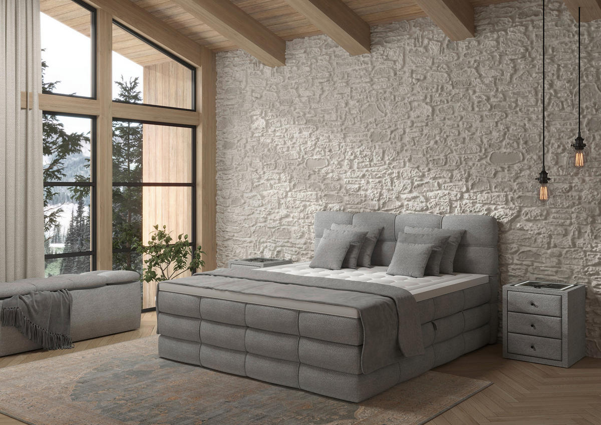 BOXSPRINGBETT 160/200 cm,  in Grau, gepolstertes Kopfteil, Bettkasten, Topper, Matratzen, H3 + H3 = fest  - Schwarz/Grau, Design, Kunststoff/Textil (160/200cm) - Chameo