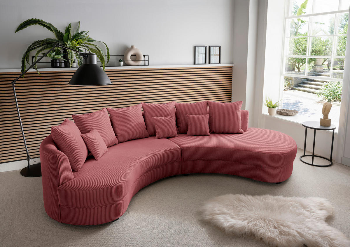 Wohnlandschaft inkl. Hocker Koralle Cord  - Koralle/Schwarz, Design, Kunststoff/Textil (300/160cm) - Livetastic