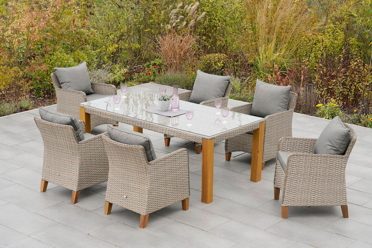 GARTENTISCHGRUPPE Akazie Hartholz Stahl  - Beige/Beigebraun, KONVENTIONELL, Glas/Holz - Gardenson