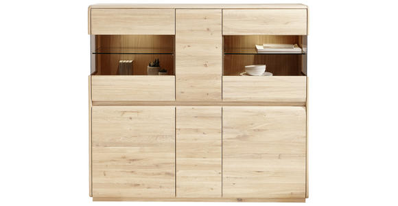 HIGHBOARD Asteiche massiv Eichefarben - Eichefarben, Natur, Glas/Holz (153/138/41cm) - Linea Natura