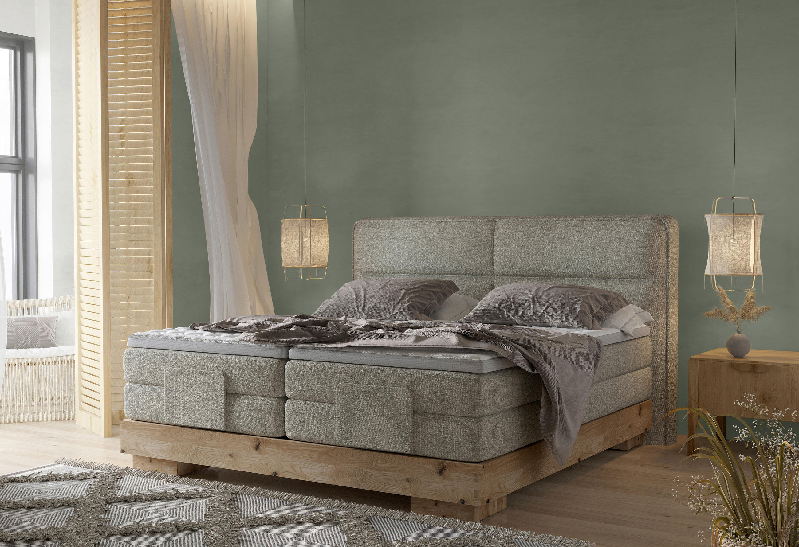 BOXSPRINGBETT 180/200 cm  in Eichefarben, Olivgrün  - Eichefarben/Olivgrün, Natur, Holz/Textil (180/200cm) - Valnatura
