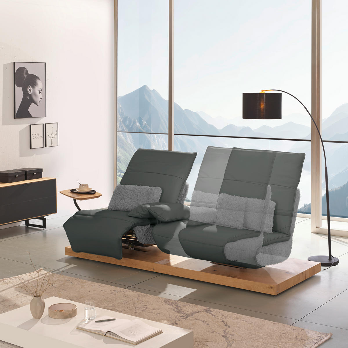 2-SITZER-SOFA Hochflor Echtleder Anthrazit, Grau  - Anthrazit/Schwarz, Design, Leder/Holz (240/65/104cm) - Koinor