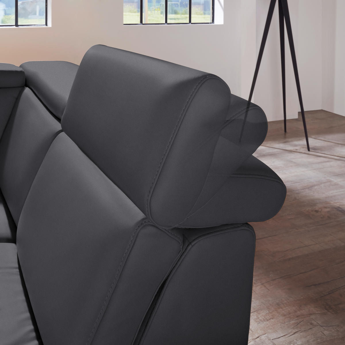 ECKSOFA in Echtleder Schwarz  - Alufarben/Schwarz, Design, Leder/Metall (271/239cm) - Cantus