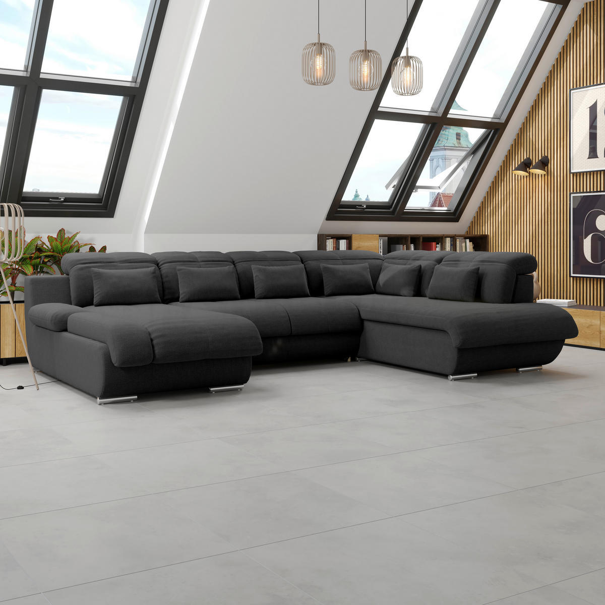 WOHNLANDSCHAFT MULTI Schwarz Chenille  - Chromfarben/Schwarz, MODERN, Textil/Metall (184/345/228cm) - Livetastic