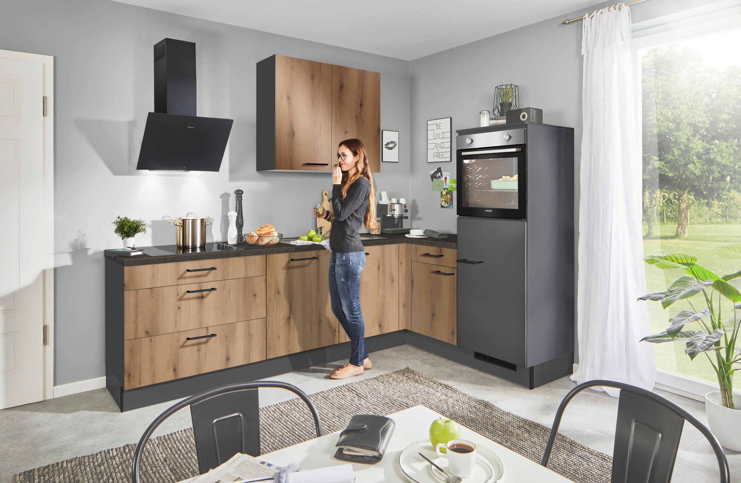 ECKKÜCHE XO 10 275/175 cm  in Graphitfarben, Eichefarben  - Eichefarben/Schwarz, Design, Holzwerkstoff/Metall (275/175cm) - Xora