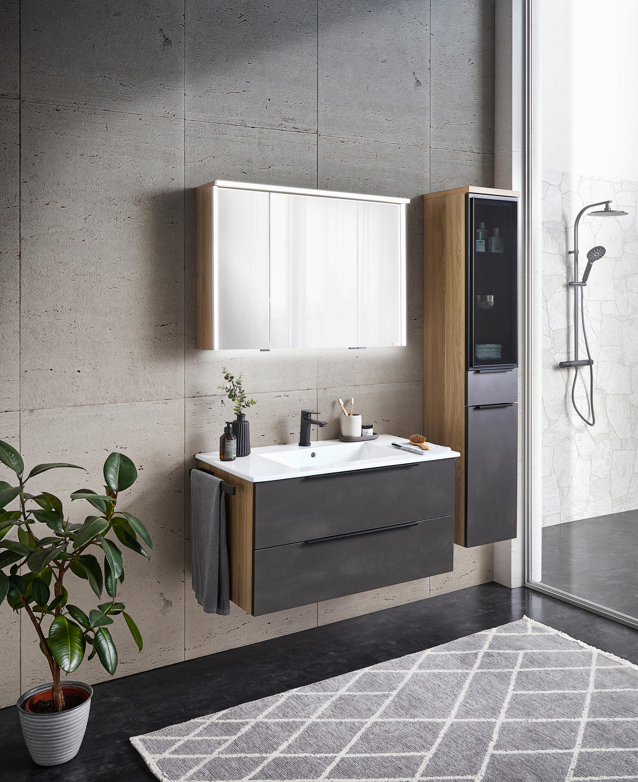 Thumbnail - Dieter Knoll Badezimmer Aviano, Graphit, Eiche, Metall, 3-teilig, 6 Fächer, 2 Schublade(n),2 Schublade(n) Schubladen, 92...