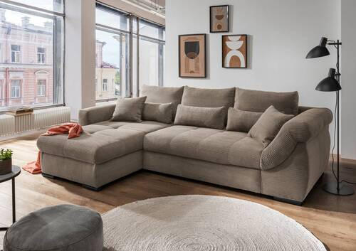 ECKSOFA Graubraun Cord  - Graubraun/Schwarz, MODERN, Holz/Textil (188/302cm) - MID.YOU