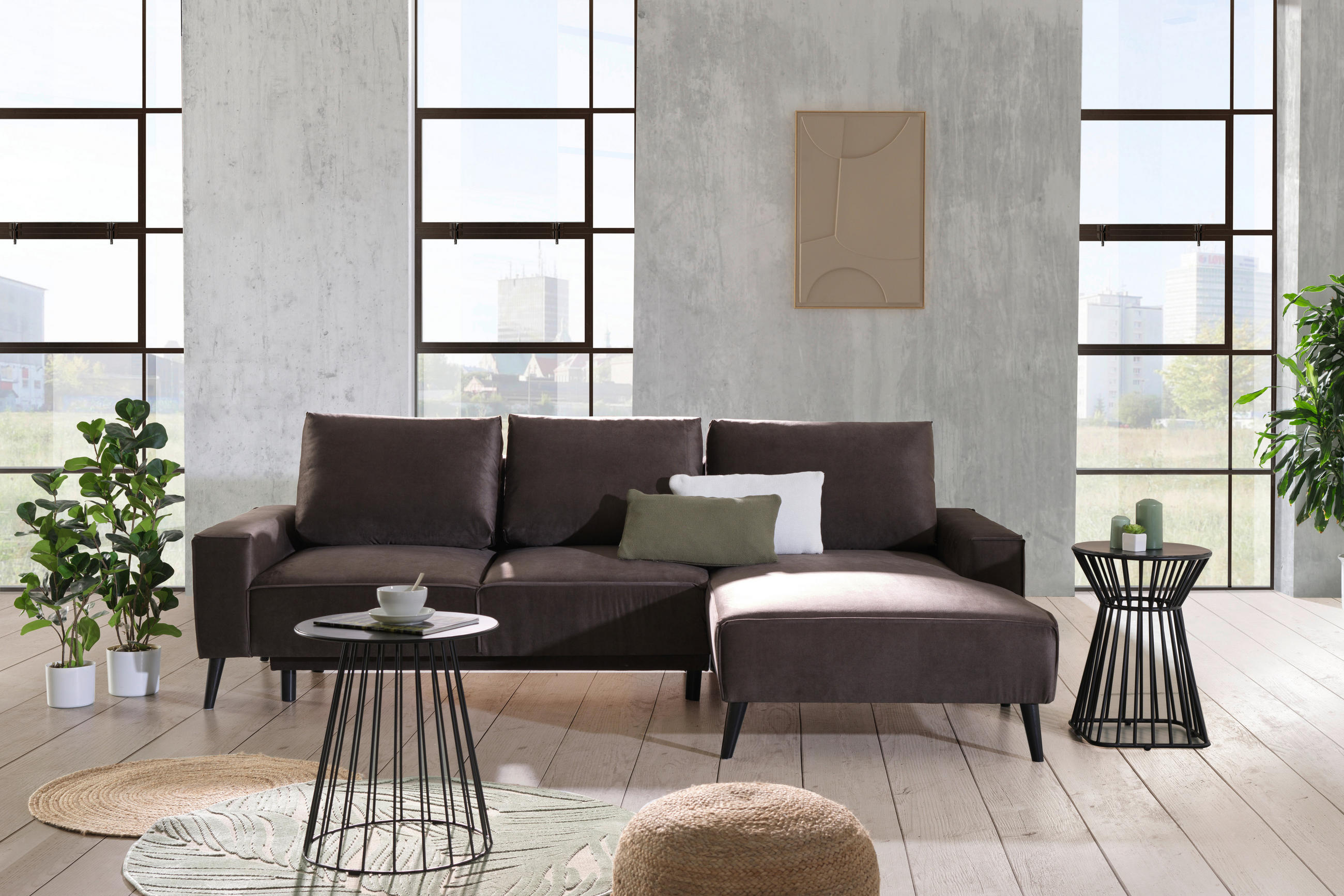 ECKSOFA Taupe Velours  - Taupe/Schwarz, Basics, Holz/Textil (260/161cm) - Carryhome
