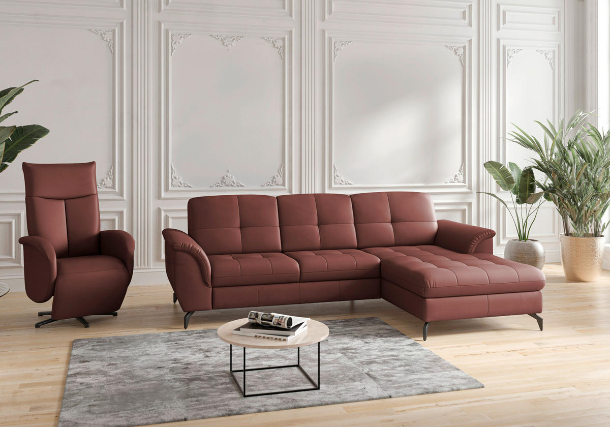 ECKSOFA in Echtleder Rotbraun  - Rotbraun/Schwarz, Modern, Leder/Metall (262/164cm) - Sit & More