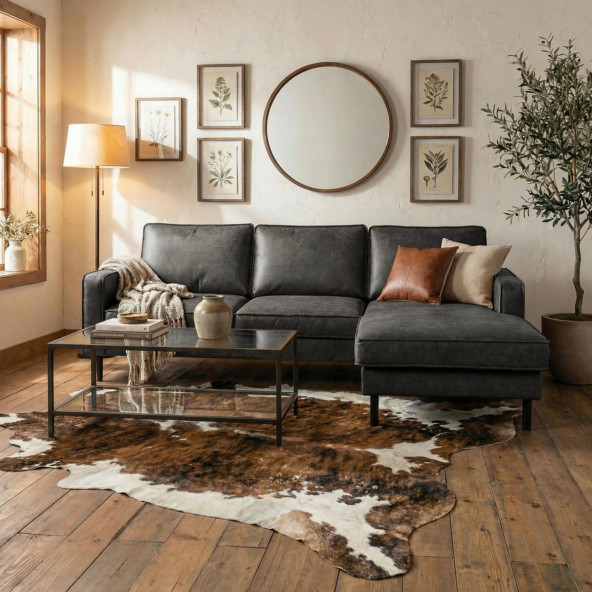 ECKSOFA Dunkelgrau Echtleder Lederlook Rücken echt  - Dunkelgrau/Schwarz, Design, Leder/Textil (166/238cm) - Livetastic