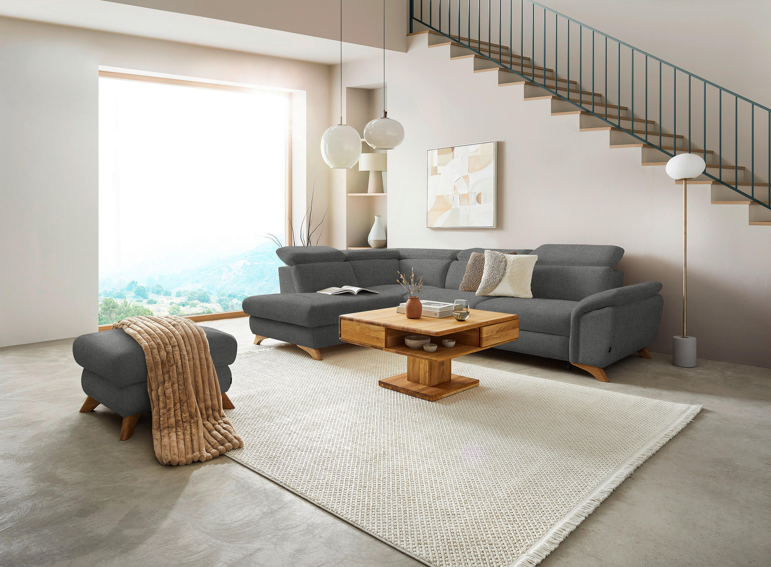 ECKSOFA in Flachgewebe Grau  - Eichefarben/Grau, Modern, Holz/Textil (212/287cm) - Valnatura