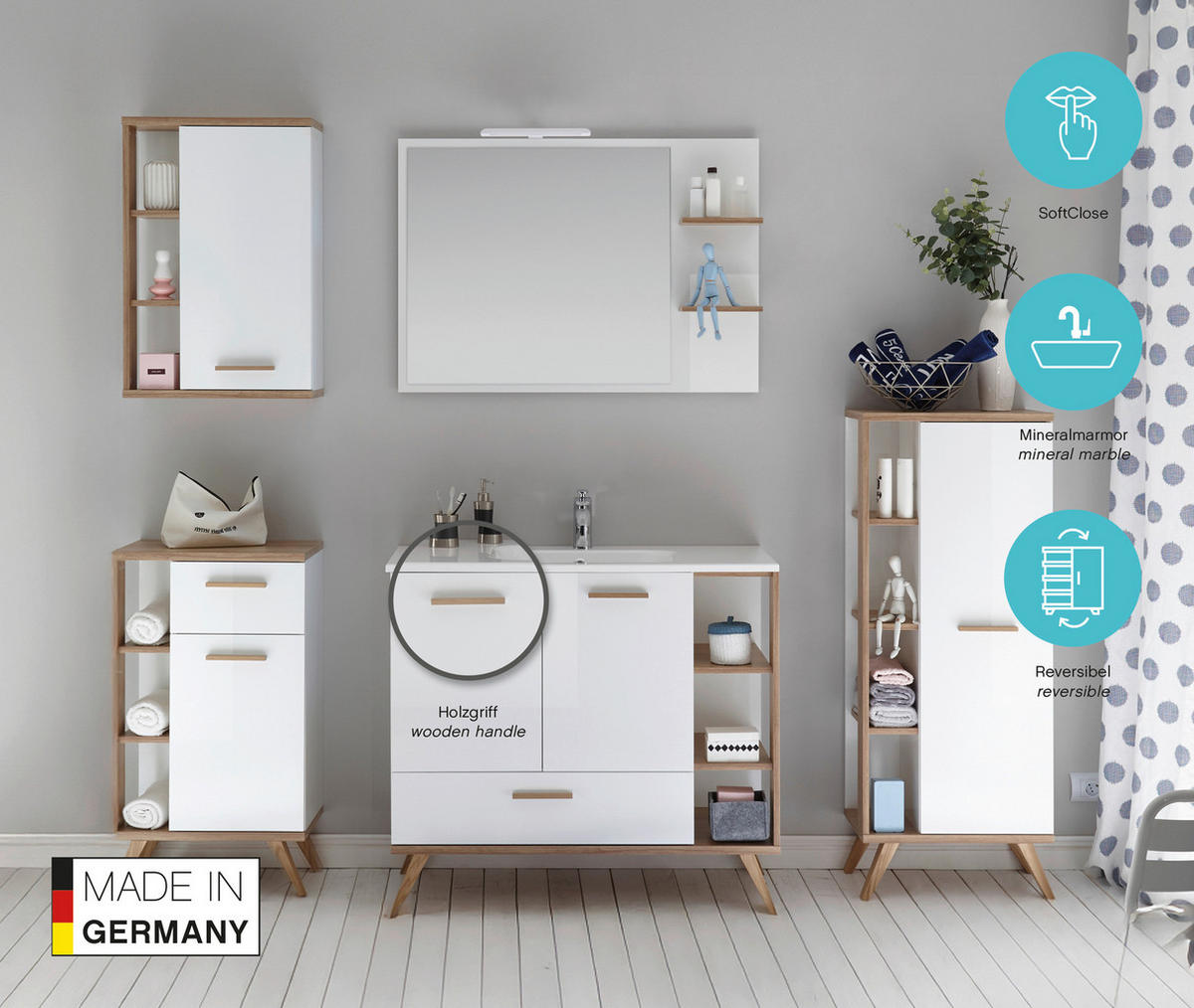 ZÁVESNÁ SKRINKA, biela, farba duba, 50,5/74,5/20,5 cm - biela/farba duba, Konventionell, kompozitné drevo/sklo (50,5/74,5/20,5cm) - Xora