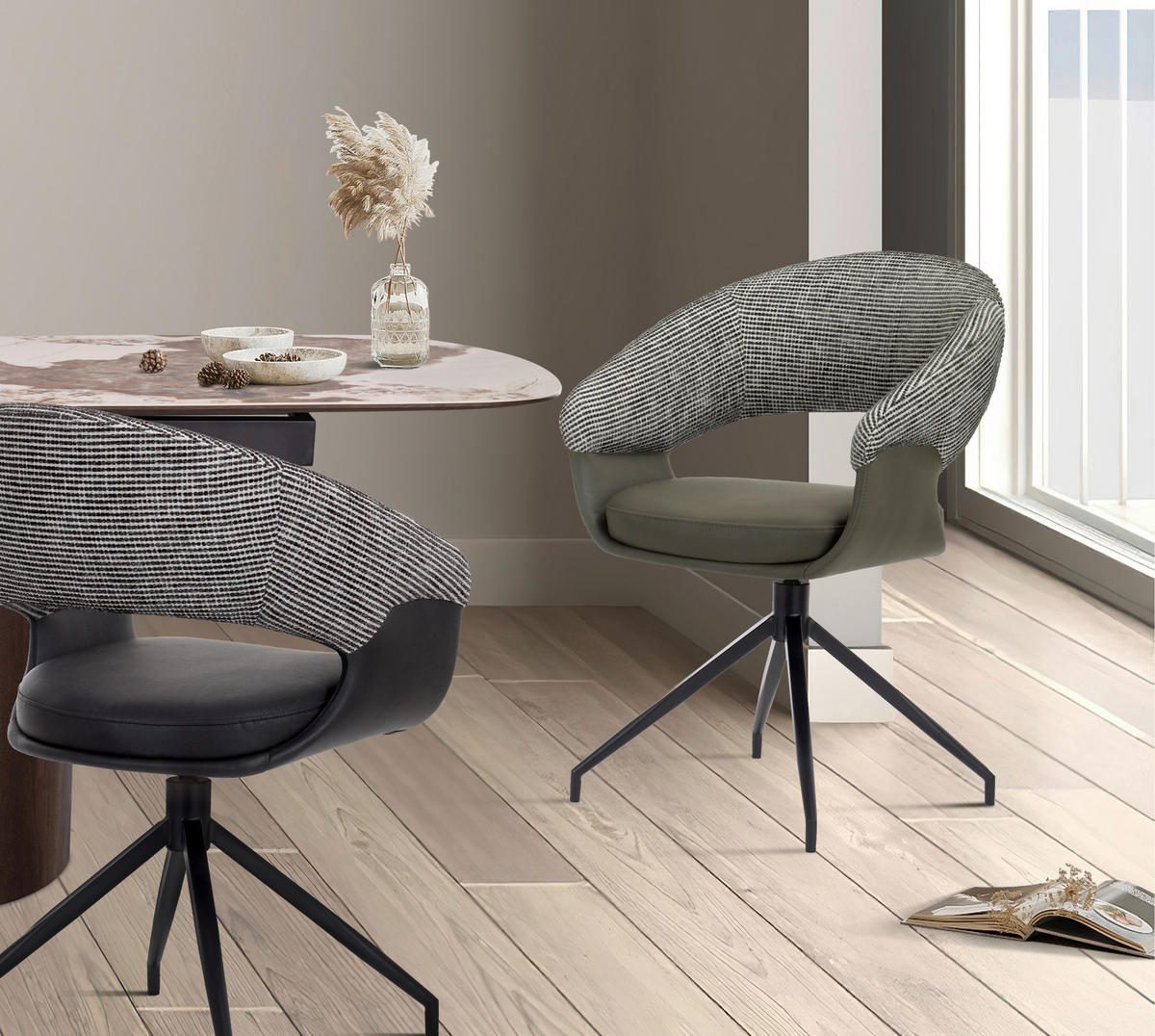 ARMLEHNSTUHL , Sitzfläche 360° drehbar, automatische Rückholfunktion , Mikrofaser, Webstoff  - Schwarz/Weiß, Design, Textil/Metall (60/83/62cm) - Novel