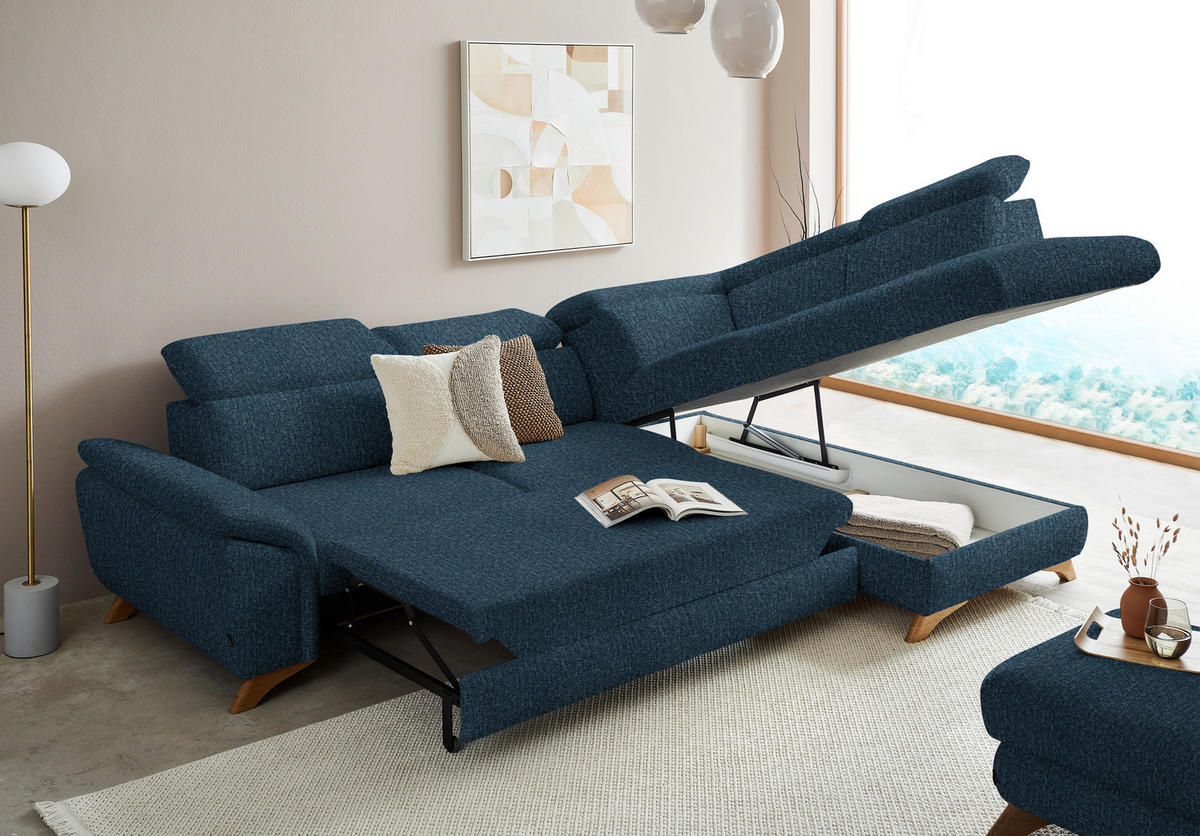 ECKSOFA MERCURY Blau Chenille  - Blau/Eichefarben, MODERN, Holz/Textil (287/212cm) - Valnatura