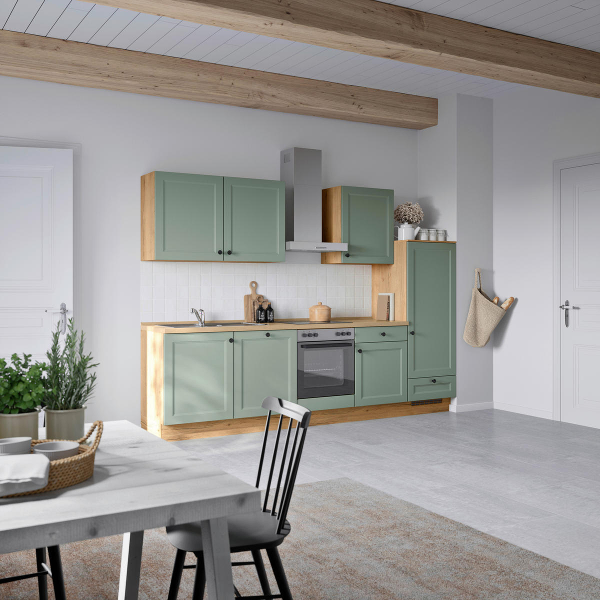 BUCĂTĂRIE FĂRĂ ELECTROCASNICE  - verde/culoare lemn stejar, Modern, metal/material pe bază de lemn (300cm) - Nobilia