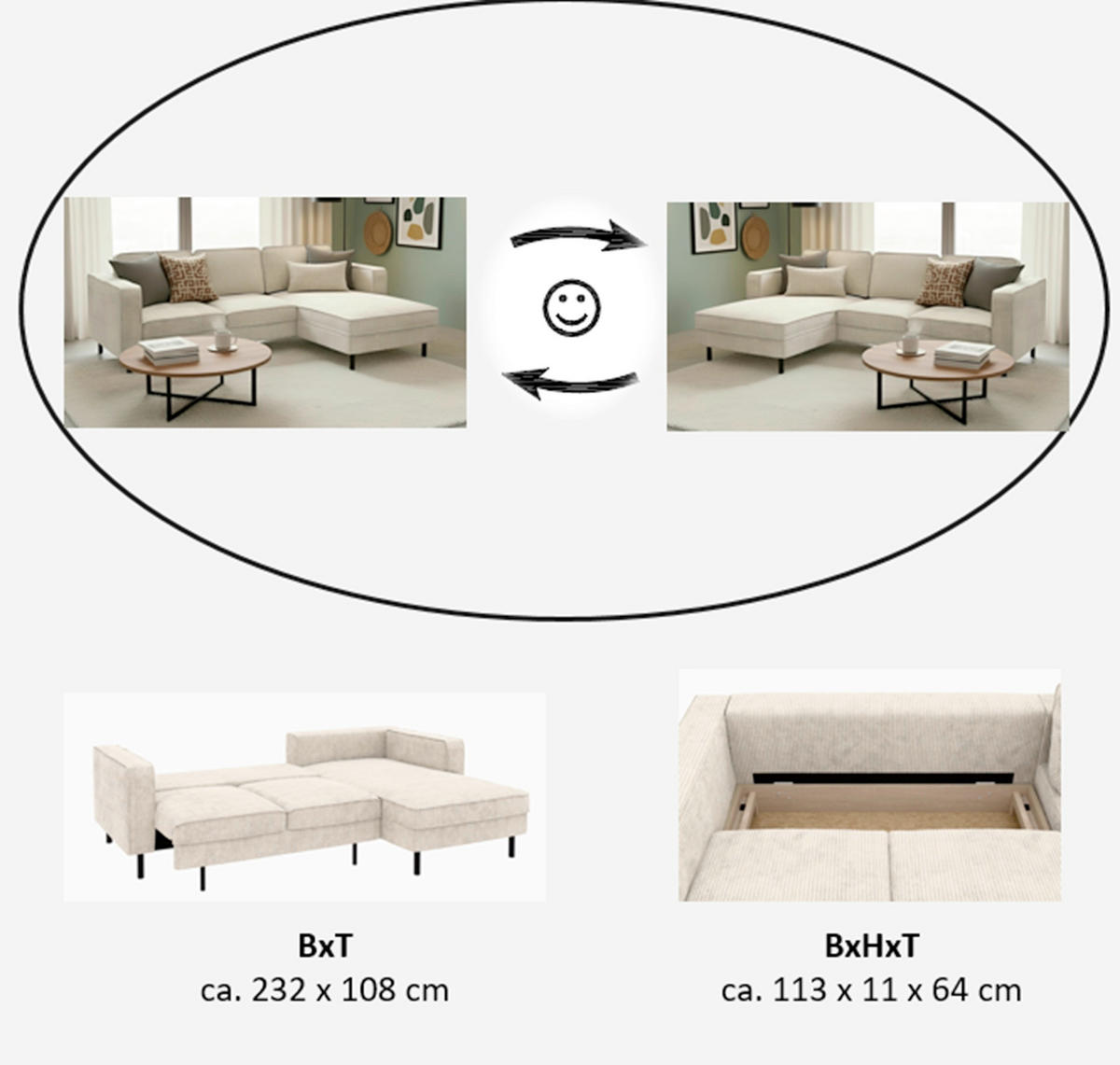 ECKSCHLAFSOFA WATKINS  mit Schlafen auf Sitzhöhe, Rücken echt, Armteil links, Armteil rechts Cord Creme  - Creme/Schwarz, MODERN, Textil/Metall (232/161cm) - Trendmanufaktur