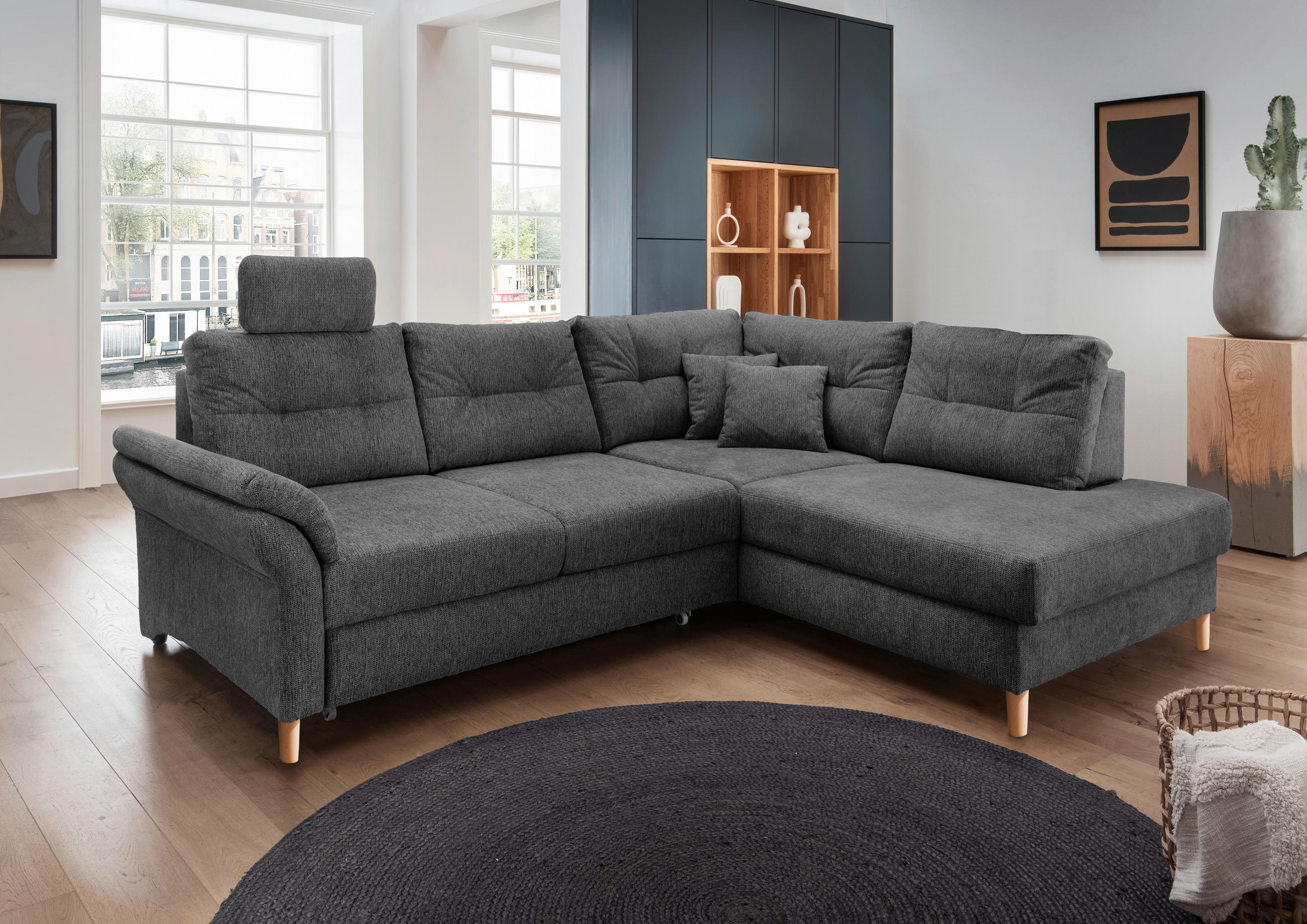 ECKSOFA Anthrazit Chenille  - Anthrazit/Naturfarben, MODERN, Holz/Textil (264/206cm) - Livetastic