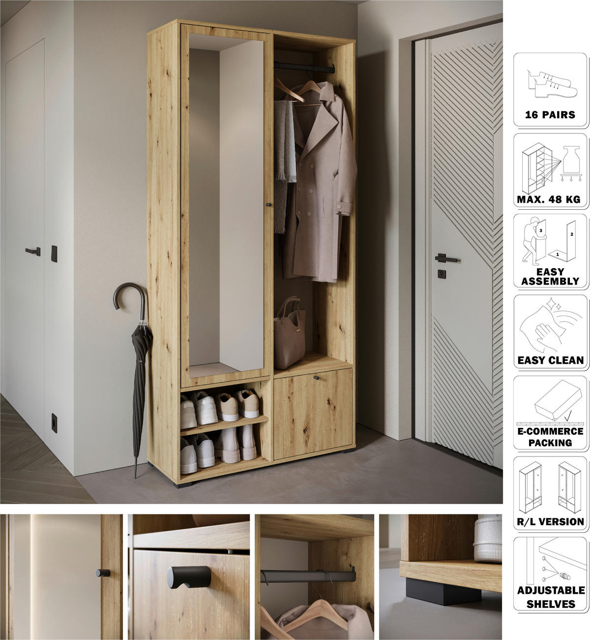 GARDEROBE  in 90/190/33 cm  - Eiche Artisan, Trend, Holzwerkstoff (90/190/33cm) - MID.YOU