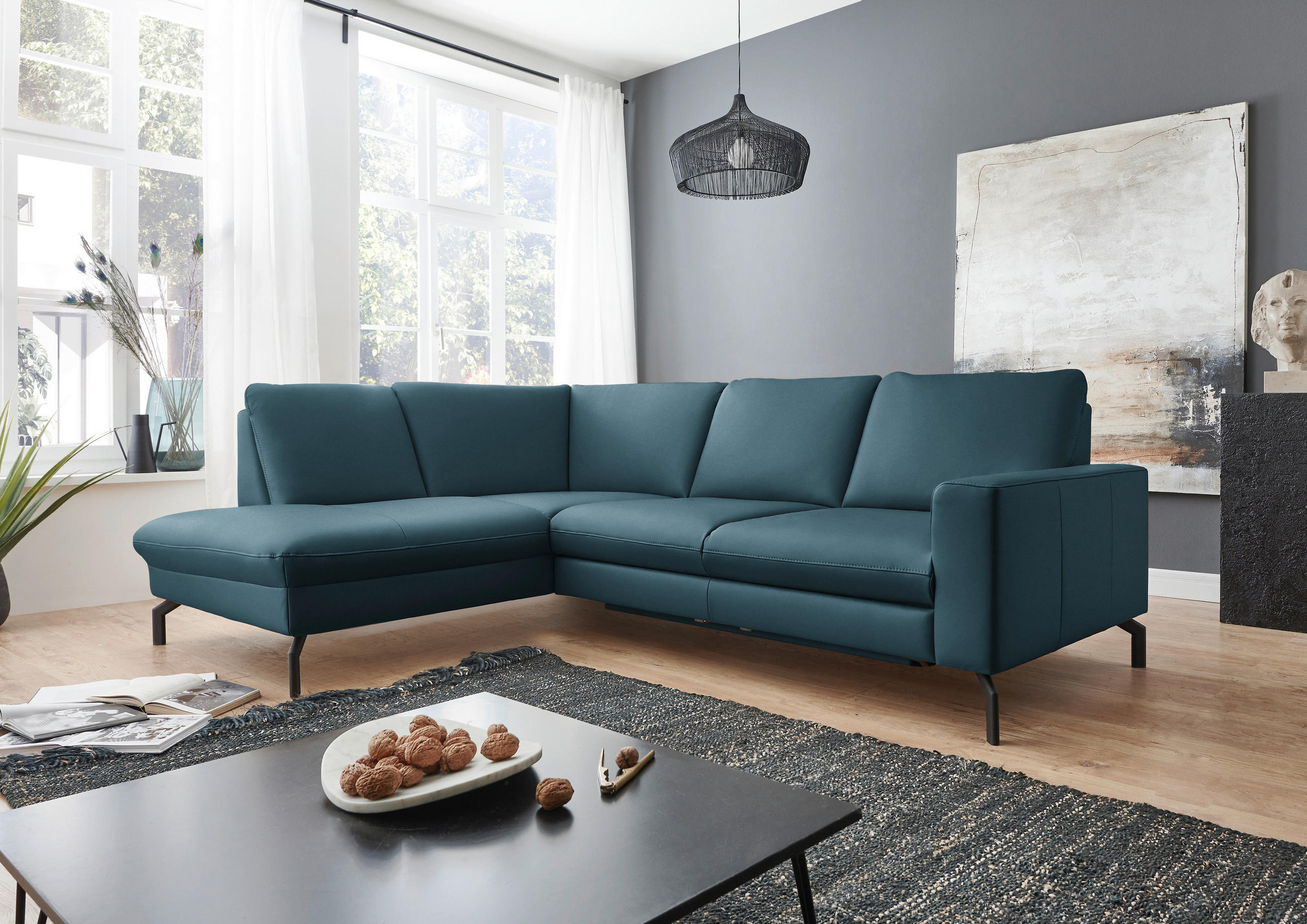 ECKSOFA in Echtleder Blau  - Blau/Schwarz, Design, Leder/Metall (194/250cm) - Beldomo Premium