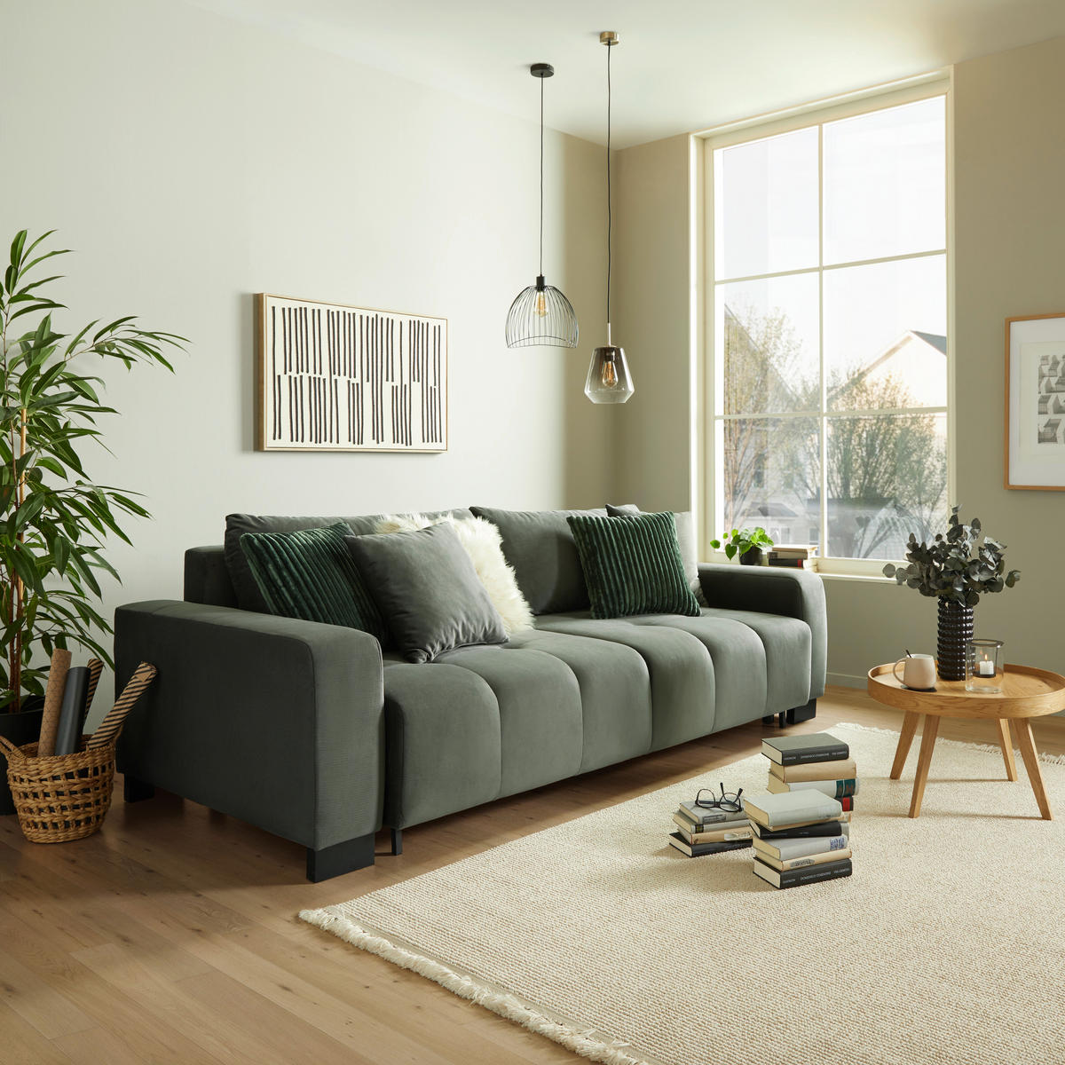 SCHLAFSOFA in Velours Dunkelgrau  - Dunkelgrün/Dunkelgrau, Modern, Holz/Kunststoff (238/88/119cm) - MID.YOU