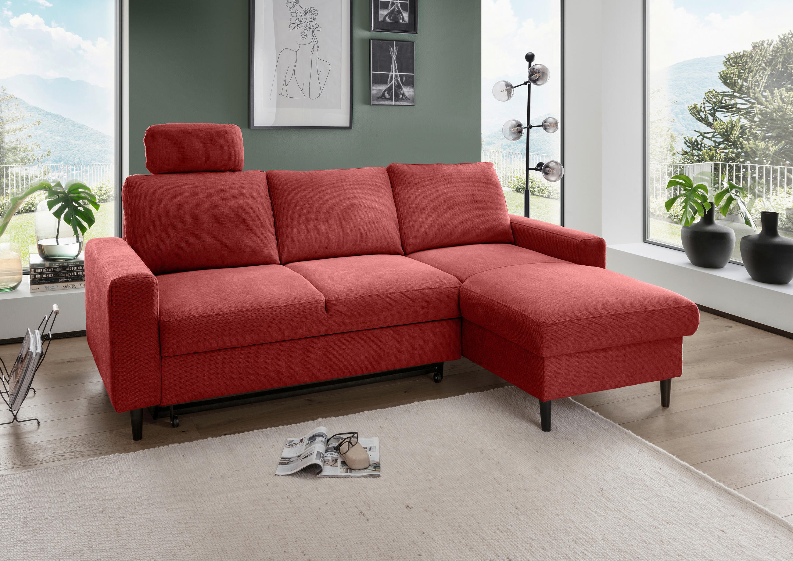 ECKSCHLAFSOFA in Chenille Rot  - Rot/Schwarz, Modern, Holz/Textil (234/147cm) - Livetastic