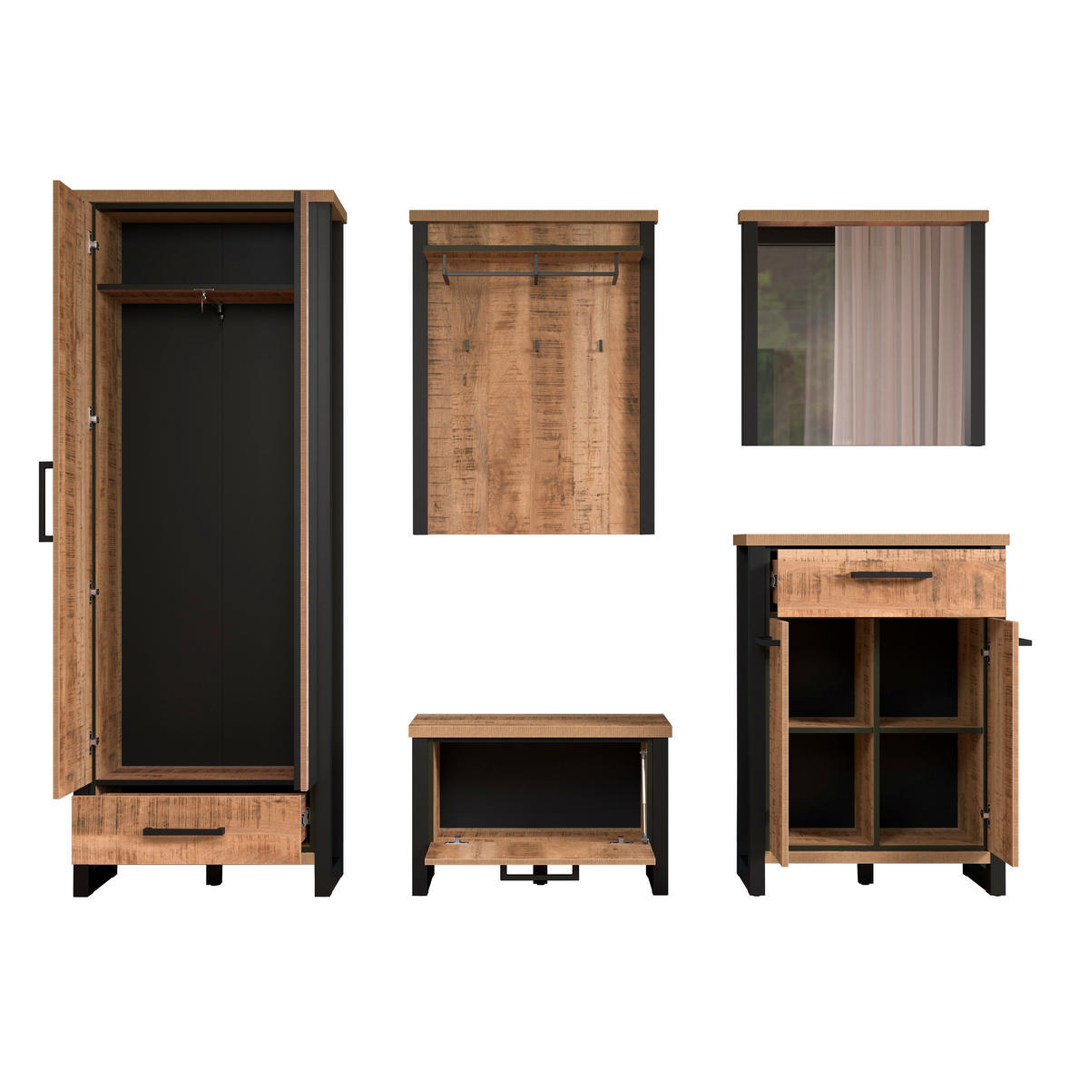 GARDEROBE 5-teilig  in 249/195/39 cm  - Schwarz/Naturfarben, Basics, Glas/Holzwerkstoff (249/195/39cm) - MID.YOU