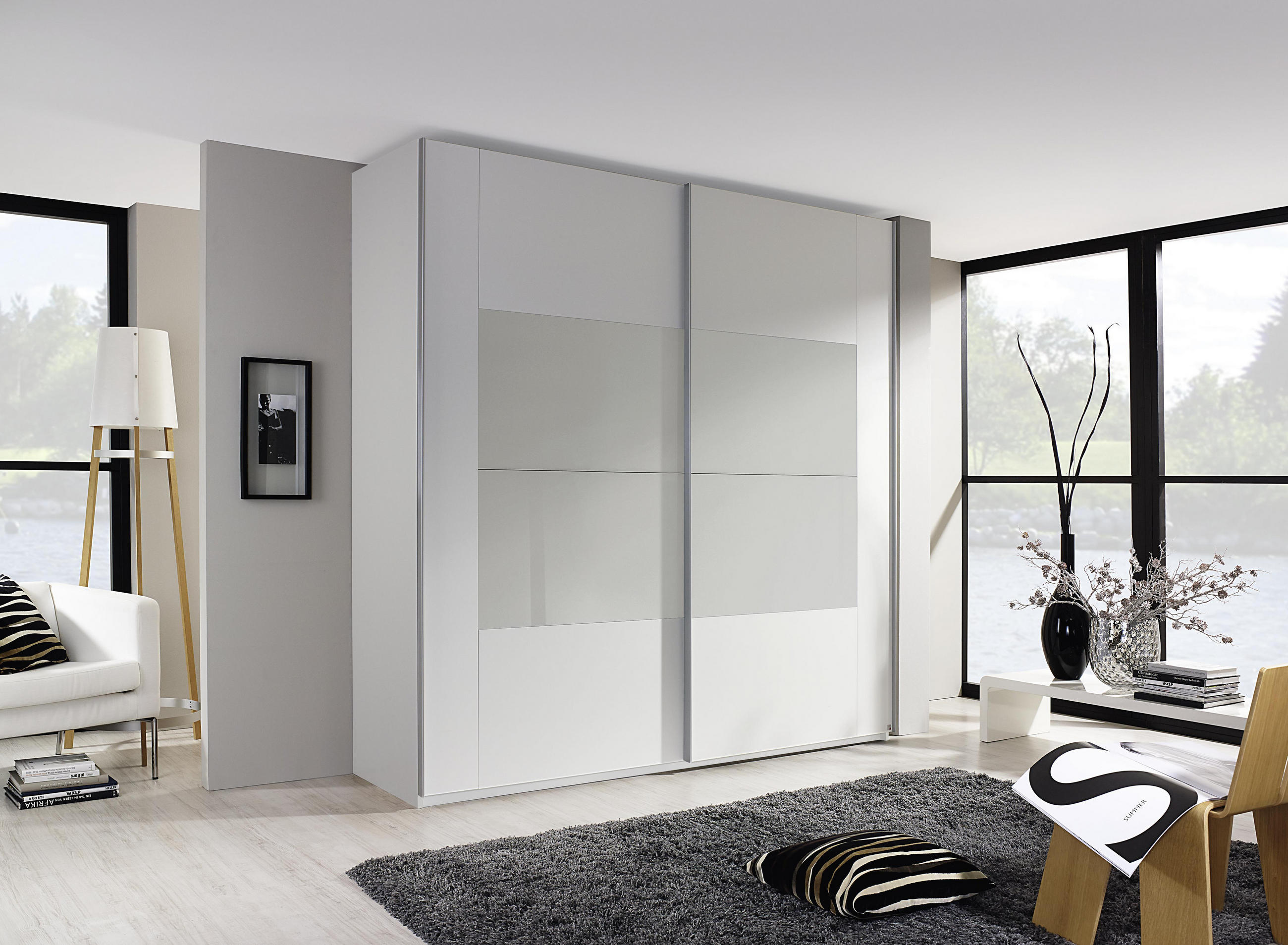 SCHWEBETÜRENSCHRANK in Weiss, Hellgrau  - Weiss/Hellgrau, Konventionell, Glas/Holzwerkstoff (181/223/68cm) - Xora