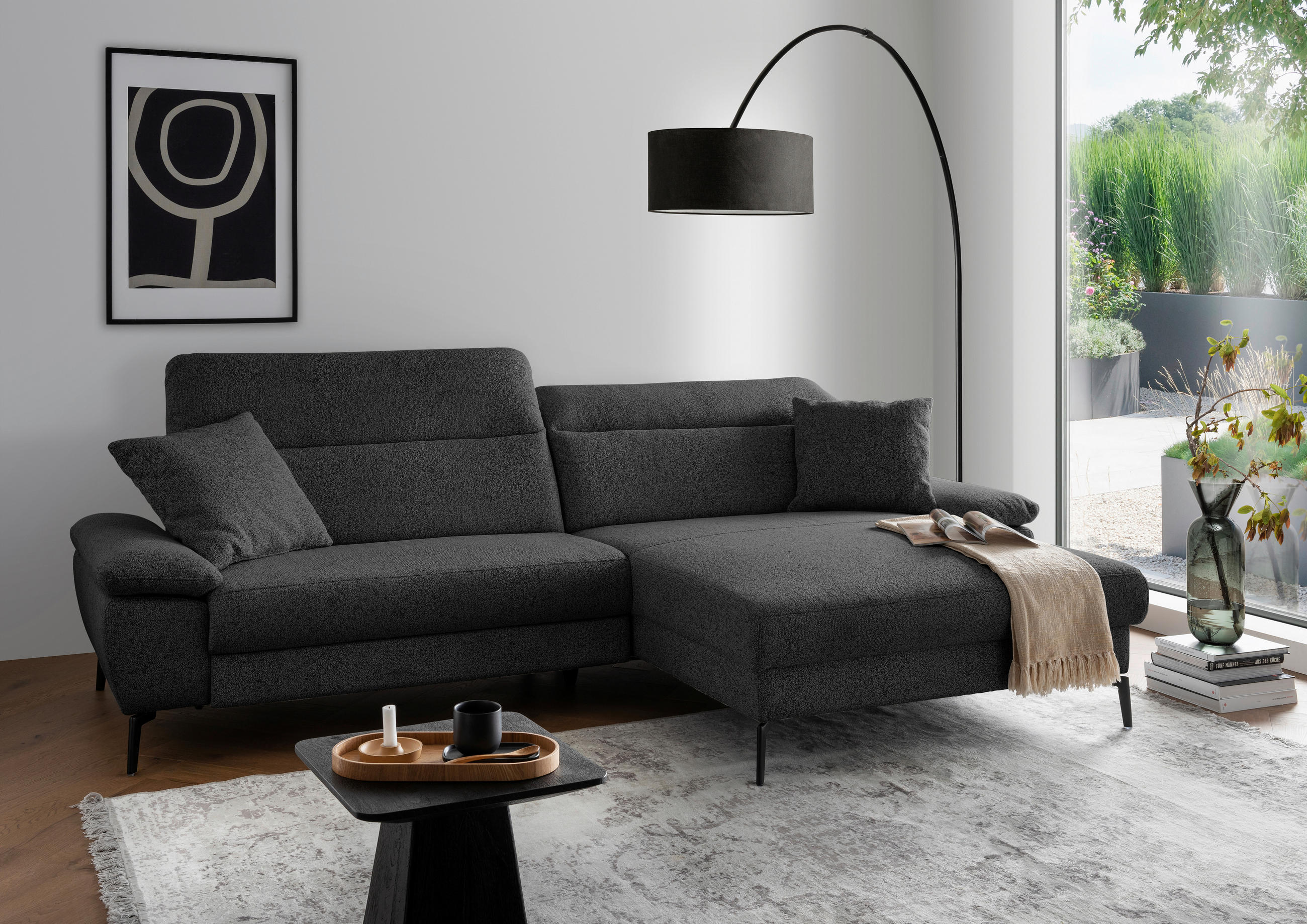 ECKSOFA CANCELLI Schwarz Struktur Zierkissen, Relaxfunktion  - Schwarz, KONVENTIONELL, Textil/Metall (300/178cm) - Livetastic