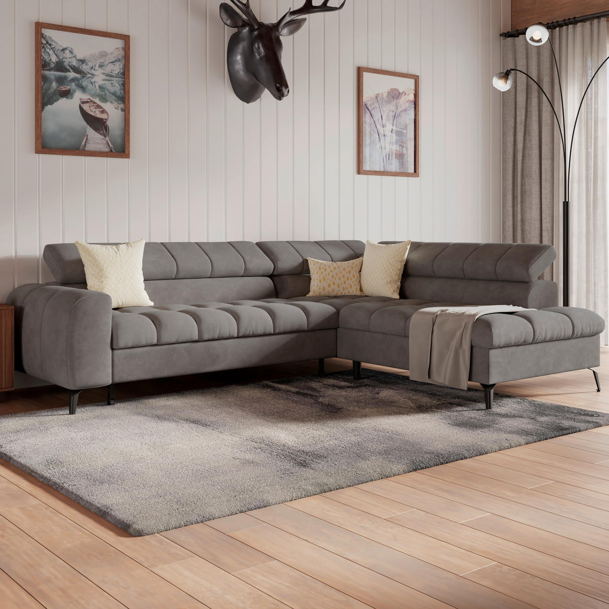ECKSOFA Dunkelgrau Bettkasten, Rücken echt, Kopfteilverstellung  - Dunkelgrau/Schwarz, Trend, Kunststoff/Textil (261/203cm) - Livetastic