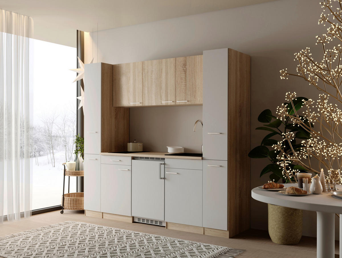KÜCHENBLOCK Ingrid 210 cm  in Weiß  - Eichefarben/Alufarben, Design, Holzwerkstoff/Kunststoff (210cm) - Respekta